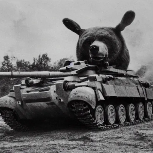 Image similar to a picture of a enormous bear pulling a towed anti - tank canon behind his back like a chariot, eastern front, historical picture