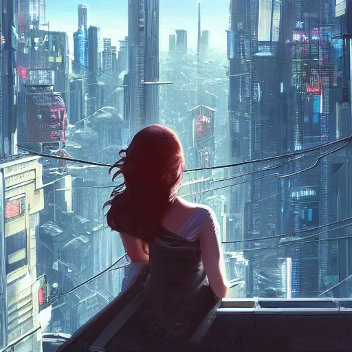 Image similar to a ultra detailed beautiful painting of a young woman on top of a building looking at a cyberpunk city, a view from behind, oil panting, high resolution 4 k, by ilya kuvshinov, greg rutkowski and makoto shinkai