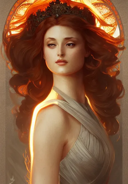 Image similar to sansa fire queen fire fire, intricate, elegant, highly detailed, digital painting, artstation, concept art, smooth, sharp focus, illustration, art by artgerm and greg rutkowski and alphonse mucha and william - adolphe bouguereau