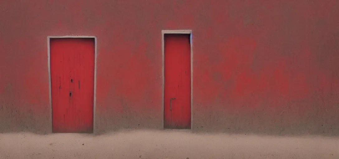 Image similar to red door standing in wasteland in style of zdzisław beksinski