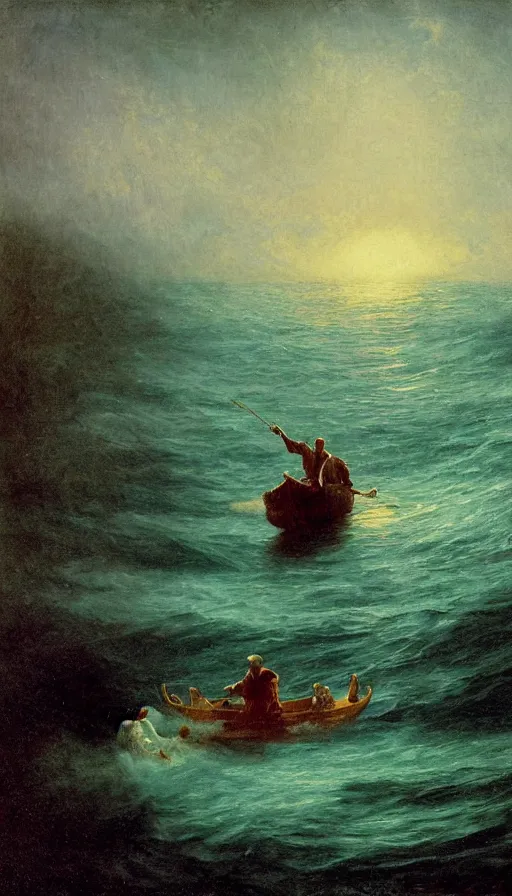 Prompt: man on boat crossing a body of water in hell with creatures in the water, sea of souls, by albert bierstadt,