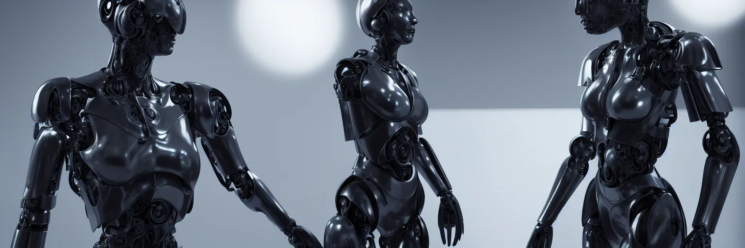 Image similar to hyper realistic s y m b i o s i s, female cyborg, glossy material surface, full body armour, octane render, 4 k, volumetric lights
