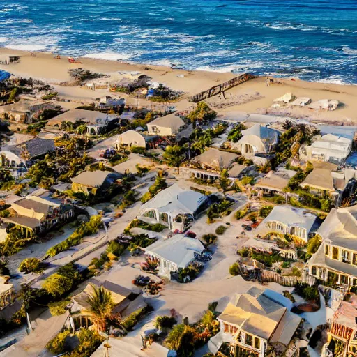 Prompt: overhead view california beach town golden hour shimmering sands luxury homes