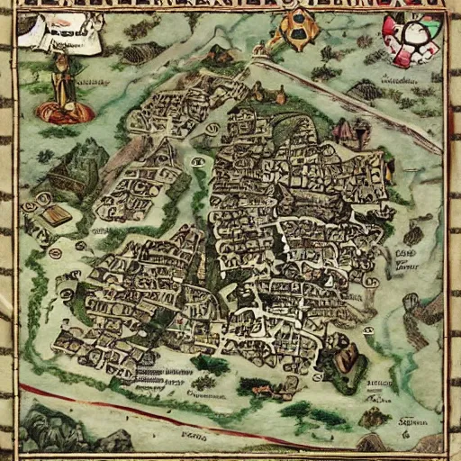 Prompt: Medieval map of small anime town , Isekai , manga , light novel