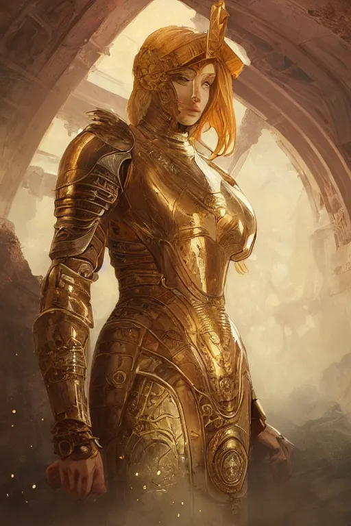 Image similar to portrait knights of Zodiac girl, golden and copper reflected armor, in ruined Agora of Athens, ssci-fi, fantasy, intricate, very very beautiful, elegant, highly detailed, digital painting, artstation, concept art, smooth, sharp focus, illustration, art by tian zi and WLOP and alphonse mucha