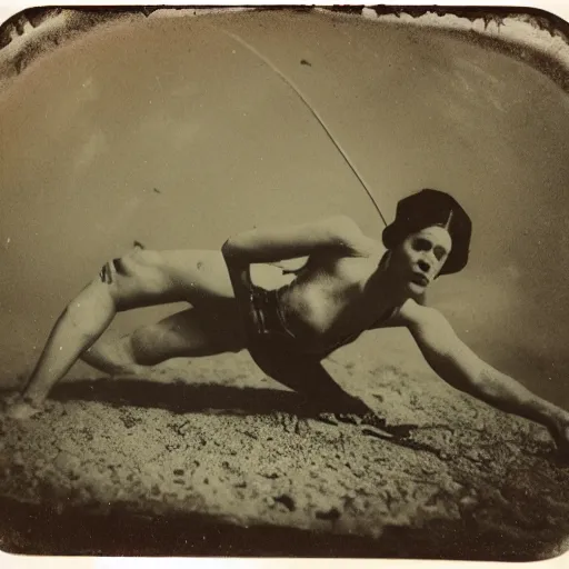 Image similar to tintype photo, swimming deep underwater, centipede