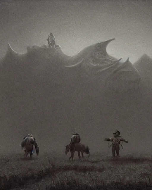 Prompt: cowboys vs kaiju, vintage old, sepia, retrofuturism sci - fi old movie, highly detailed, photorealistic, 8 k, by beksinski and stalenhag