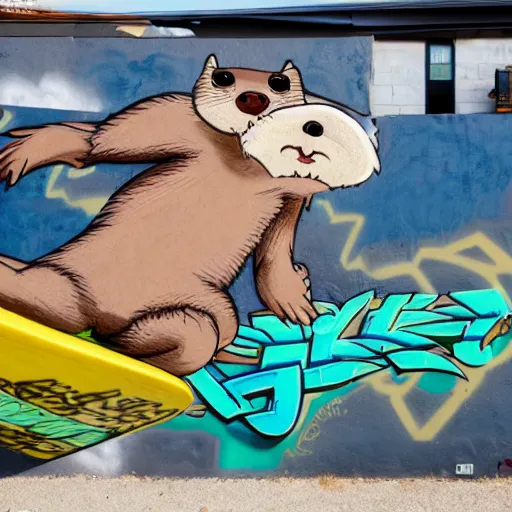 Prompt: photo of a graffiti mural of an anthro otter surfing, graffiti, mural, street art, anthro otter, furry art, furaffinity, 4 k