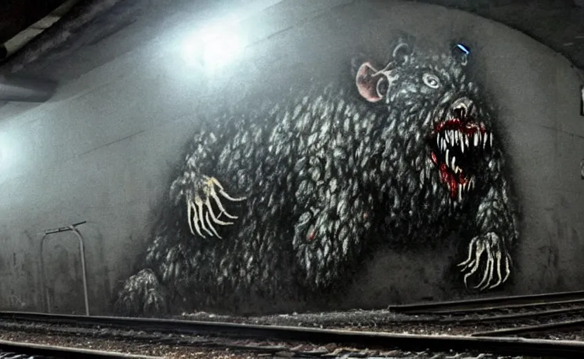 Image similar to very large giant mutant zombie irradiated ( angry rat ) staying on railways in tonnel of moscow subway. tonnel, railways, giant angry rat, furr, fangs, claws, very realistic. fog, extreme long shot, herman nitsch, giger.