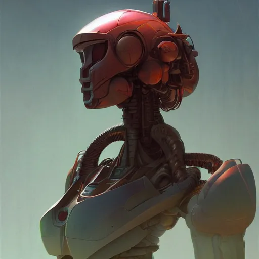 Image similar to character concept art portrait of a mech robot, depth of field background, artstation, award - winning realistic sci - fi concept art by jim burns and greg rutkowski, beksinski, a concept art masterpiece, red color palette, james gilleard, bruegel, alphonse mucha, and yoshitaka amano.