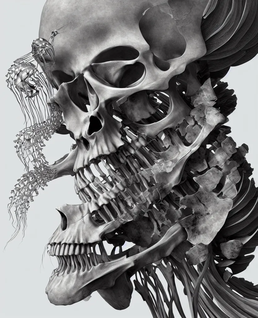 Image similar to goddess close-up portrait human skeleton, ram skull, skeleton, thorax, x-ray, backbone, jellyfish phoenix head, nautilus, orchid, skull, betta fish, bioluminiscent creatures, intricate artwork by Tooth Wu and wlop and beeple. octane render, trending on artstation, greg rutkowski very coherent symmetrical artwork. cinematic, hyper realism, high detail, octane render, 8k