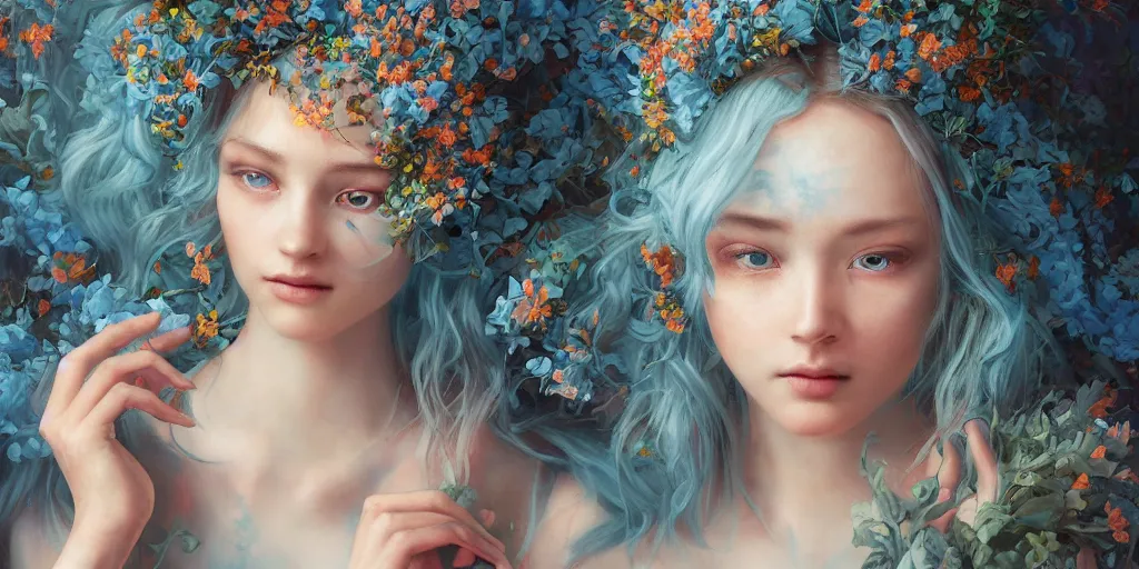 Image similar to breathtaking detailed concept art painting portrait of the hugs goddess of light blue flowers, carroty hair, orthodox saint, with anxious piercing eyes, ornate background, amalgamation of leaves and flowers, by hsiao - ron cheng, extremely moody lighting, 8 k