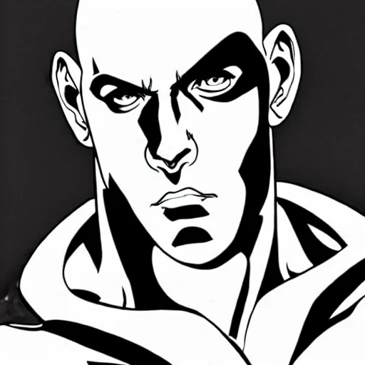 Prompt: Black and white manga drawing of Vin Diesel walking like a Italian model in JoJo style, highly detailed, sharp focus, anime, ArtStation, art by Hirohiko Araki