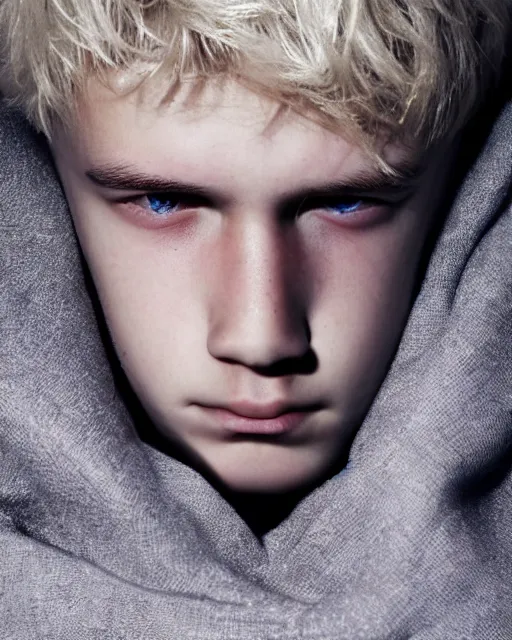 Prompt: portrait a 1 5 - year - old boy, with slender, white - blond hair, cold grey eyes, a pale complexion with sharp and pointed features close up, dramatic lighting, octane render, digital art