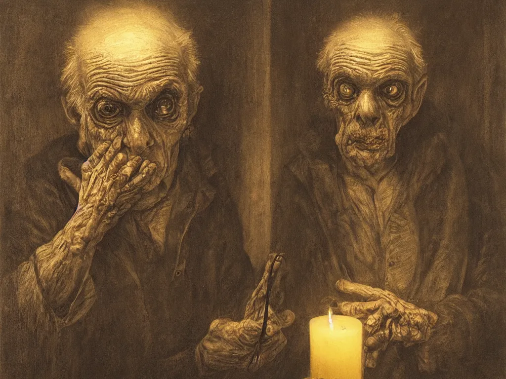 Image similar to Expressive portrait of an elderly zombie. Candlelight. Painting by Gustave Dore, August Sander