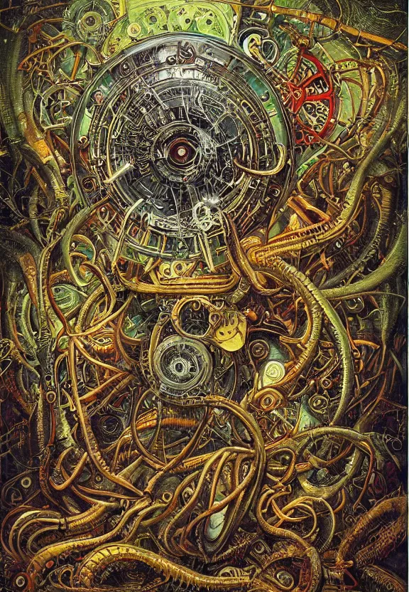 Prompt: simplicity, elegant, muscular eldritch clockwork, machinery, industry, radiating, colorful mandala, psychedelic, overgrown garden environment, by h. r. giger and esao andrews and maria sibylla merian eugene delacroix, gustave dore, thomas moran, pop art, biomechanical xenomorph, street art, graffiti, saturated