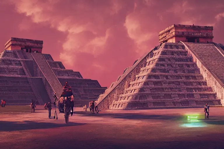 Prompt: hyperrealistic matte painting of chichen itza in a cyberpunk future environment with mechanical features and neon by filip hodas, beeple, 4 k, trending on cgsociety