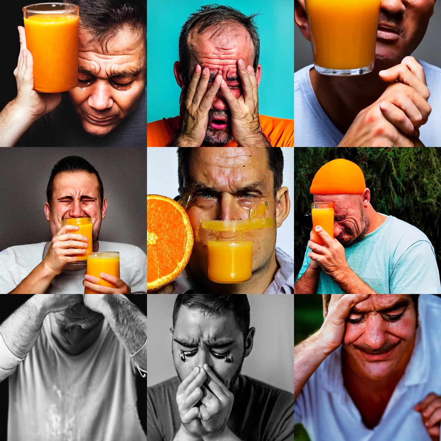 Image similar to man crying tears of orange juice, photograph portrait