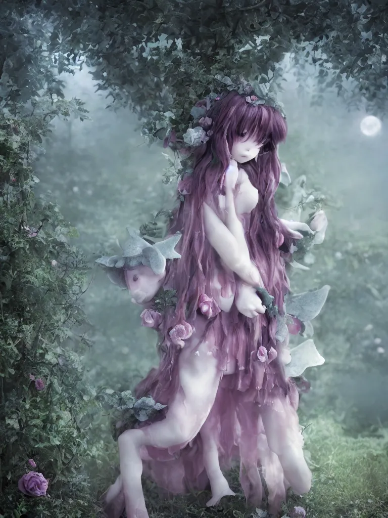 Image similar to cute fumo plush girl among vines in the middle of a foggy dark cursed rose garden under a blue sky, beautiful glowing ethereal gothic magical wraith fairy girl with dark eyes, horns, sheep girl, anime, tattered dress, bokeh, vray