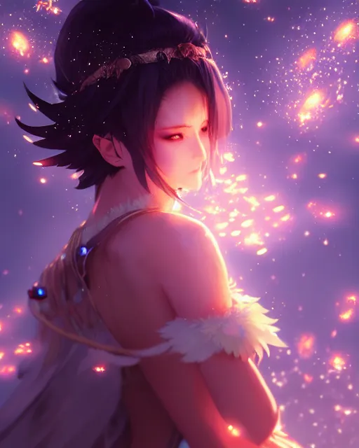 Prompt: a goddess of the night surrounded by fireflies, final fantasy, cushart krenz, very detailed, realistic face, detailed face, matte, tonemapping, perfection, 4 k,