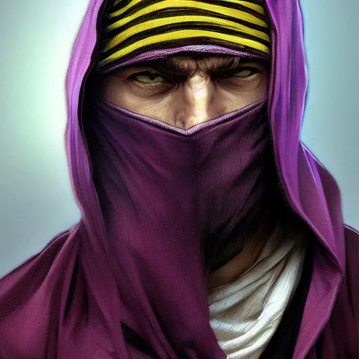 Image similar to ultra realistic illustration, man in a black hood, in a striped purple balaclava, mysterious, highly detailed, digital painting, artstation, concept art, smooth, sharp focus, illustration, art by artgerm and greg rutkowski and alphonse mucha