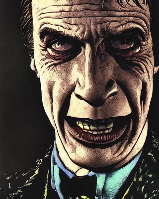 Image similar to portrait of saul goodman as the joker, illustration, art by neil gaiman and peter elson, bernie wrightson