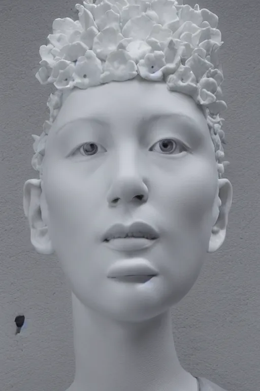 Image similar to full head and shoulders, beautiful female porcelain sculpture by daniel arsham and raoul marks, smooth, all white features on a white background, delicate facial features, twenty black eyes, white lashes, detailed white 3 d giant poppies on the head