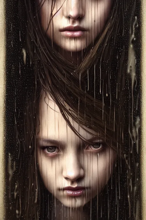 Image similar to portrait of a girl in the rain with wet hair and face, fantasy, intricate, elegant, dramatic lighting, emotionally evoking symbolic metaphor, highly detailed, lifelike, photorealistic, digital painting, artstation, concept art, smooth, sharp focus, illustration, art by John Collier and Albert Aublet and Krenz Cushart and Artem Demura and Alphonse Mucha