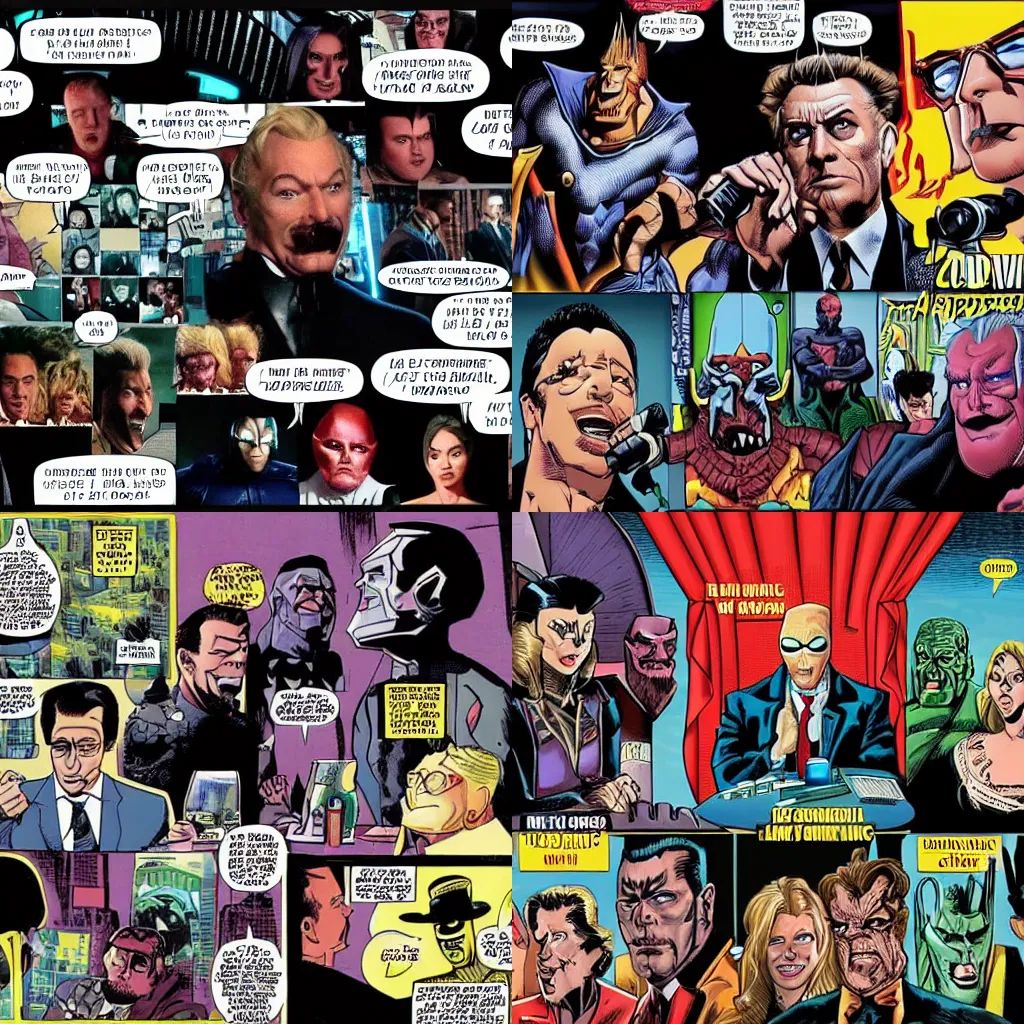 Prompt: zoom call of movie supervillains discussing ruling the world