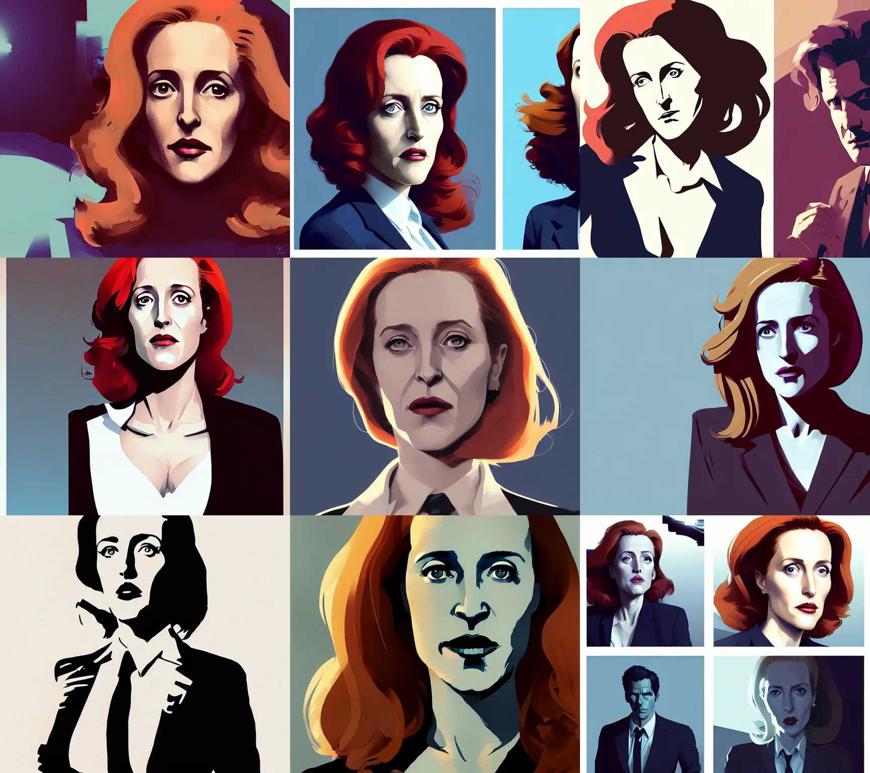 Prompt: portrait of gillian anderson as dana scully x - files, woman with long red curly hair, fbi agent business suit, by atey ghailan, by greg rutkowski, by greg tocchini, by james gilleard, by joe fenton, by kaethe butcher, by ashley wood, dynamic lighting, gradient light blue, brown, blonde cream and white color scheme, grunge aesthetic