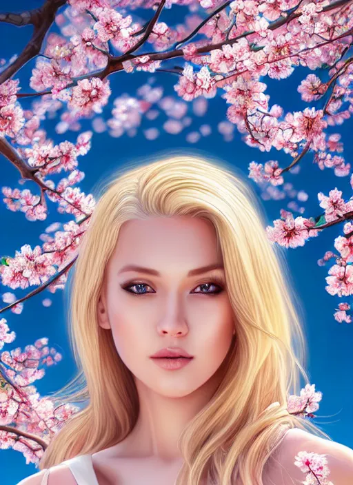 Image similar to photo of a gorgeous blonde female in the style of stefan kostic, realistic, half body shot, sharp focus, 8 k high definition, insanely detailed, intricate, elegant, art by stanley lau and artgerm, extreme blur cherry blossoms background