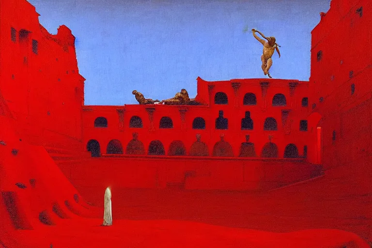 Image similar to only with red, a red melted emperor, taormina amphitheatre, crowd hails him happy, in the style of beksinski, parts by edward hopper, parts by rodcenko, parts by yue minjun, intricate and epic composition, red by caravaggio, insanely quality, highly detailed, masterpiece, red light, artstation, 4 k