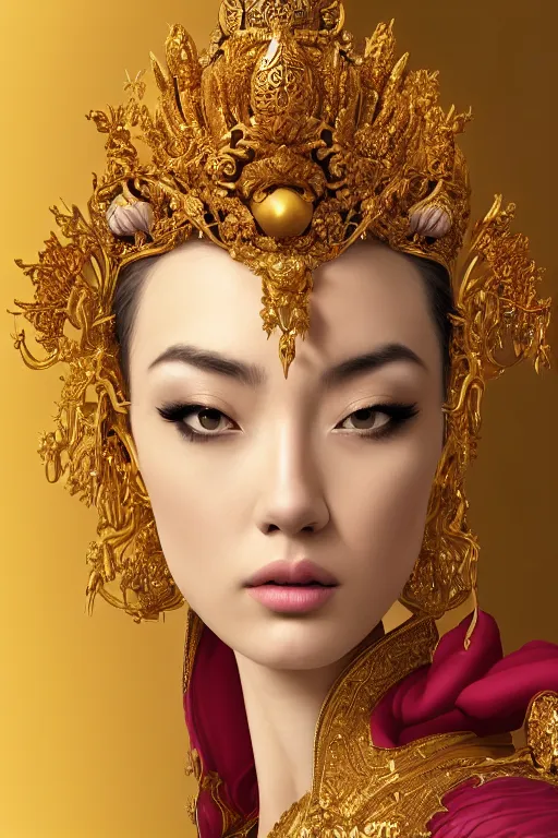 Image similar to a beautiful empress portrait, with a brilliant, impossible striking shiny big gold headpiece, gold clothes, rococo, baroque, jewels, asian, realistic, closeup, D&D, fantasy, intricate, elegant, highly detailed, digital painting, artstation, octane render, studio lighting, 8k, concept art, matte, sharp focus, illustration, art by Gustav Klimt, Artgerm and Greg Rutkowski and Alphonse Mucha