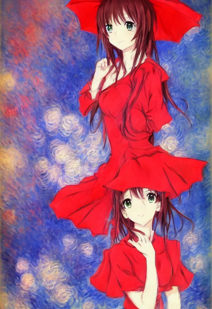 Image similar to medium shot portrait, a cute red outfit, tokyo anime scene, very anime in impressionist style, anime trending artwork, anime painter studio, by claude monet