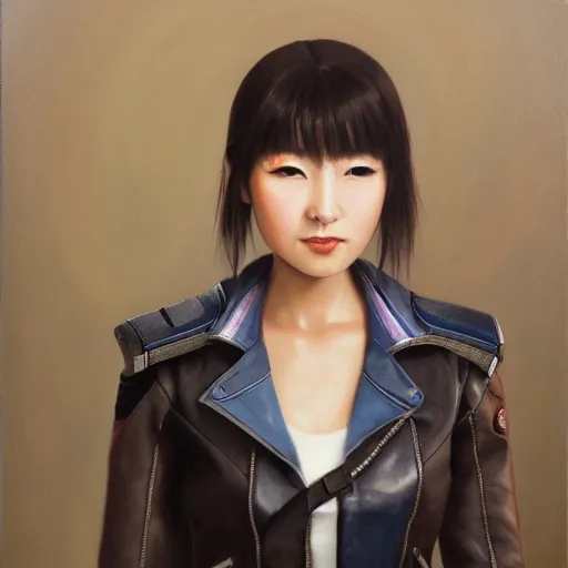 Prompt: perfect, realistic oil painting of close-up japanese young woman wearing leather jacket, in Mass Effect