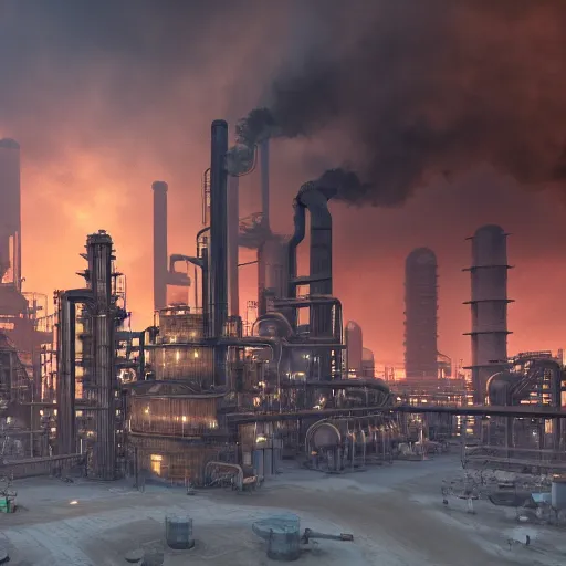 Image similar to a steampunk oil refinery in the desert that is on fire, shrouded in fog, highly detailed, 8k, sharp focus, trending on artstation