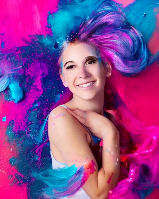 Image similar to a dramatic lighting photo of a smiling beautiful young woman with cotton candy hair. paint splashes. with a little bit of cyan and pink