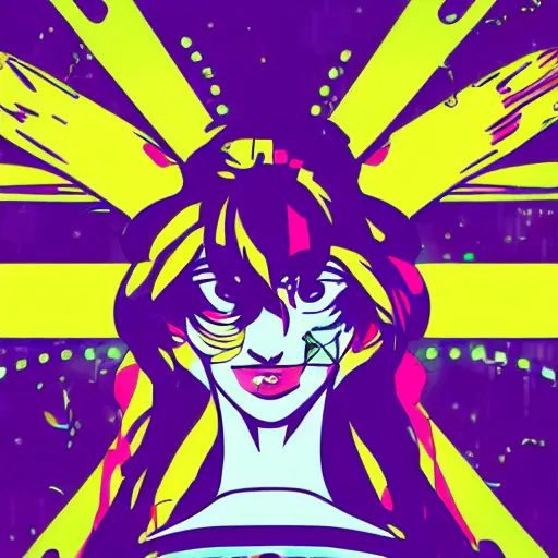 Image similar to portrait of sailor moon with arm tattoos, in the style of cyberpunk on the background of neon signs, symmetrical, single person