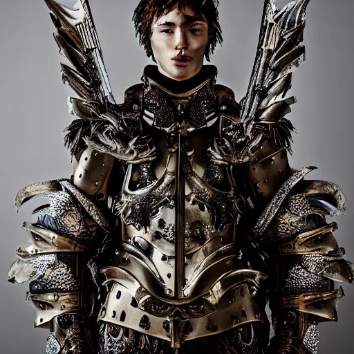 Image similar to a portrait of a beautiful young male wearing an alexander mcqueen armor made of dragon skin , photographed by andrew thomas huang, artistic