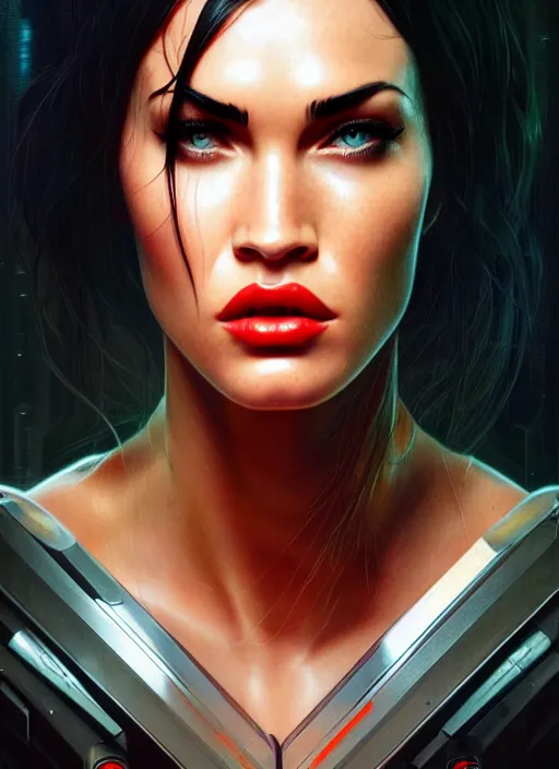 Image similar to portrait of megan fox as v, cyberpunk, technology, augmented body, chrome, science fiction, cd project red, intrigante, headshot, highly detailed, digital painting, artstation, concept art, sharp focus, cinematic lighting, illustration, art by artgerm and greg rutkowski, alphonse mucha, cgsociety