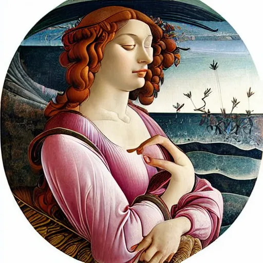 Prompt: an ultradetailed mythological oil painting of a beautiful woman with long brown hair, full body, wearing pink floral chiton, sleeping on a giant scallop shell, near the seashore, intricate lines, elegant, renaissance style, by sandro botticelli