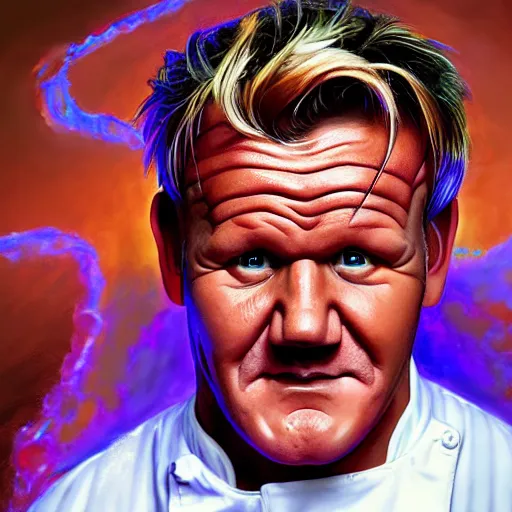 Image similar to photorealistic gordon ramsay in a hellscape by michael whelan. hyperdetailed photorealism, 1 0 8 megapixels, amazing depth, high resolution, 3 d shading, 3 d finalrender, 3 d cinematic lighting, glowing rich colors, psychedelic overtones, artstation concept art.