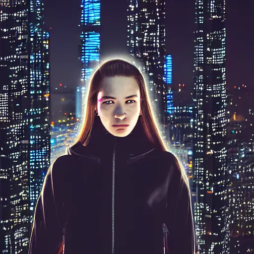Image similar to photographic portrait of a techwear woman, closeup, on the rooftop of a futuristic city at night, sigma 8 5 mm f / 1. 4, 4 k, depth of field, high resolution, 4 k, 8 k, hd, full color