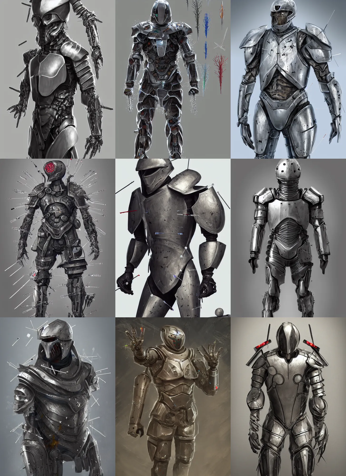 Prompt: a suit of armor with medical needles sticking out all over, concept art, trending on artstation, 4k