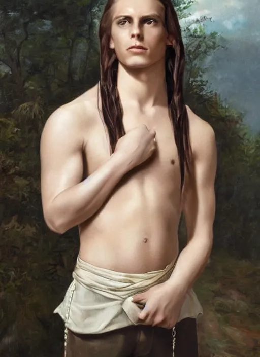 Prompt: a very skinny young Tarzan, with long dark brown slicked back hair shoulder length slicked back hair, with pearl necklace and pearl earing, in the museum, in white turtleneck shirt, Tarzan, painting in the museum, highly detailed, sharp focus, digital painting