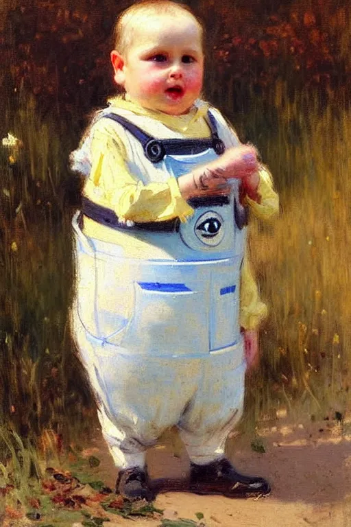 Image similar to impressionist brushstrokes!!!! solomon joseph solomon and richard schmid and jeremy lipking victorian loose genre loose painting full length portrait painting of a cute minion