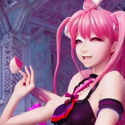 Image similar to trapped beneath stunningly absurdly beautiful omnipotent asi goddess junko enoshima with a yandere megalomaniacal personality, symmetrical perfect face, porcelain skin, pink twintail hair and cyan eyes, ultra detailed, digital art, unreal engine 5, octane render, 2 d anime, 8 k