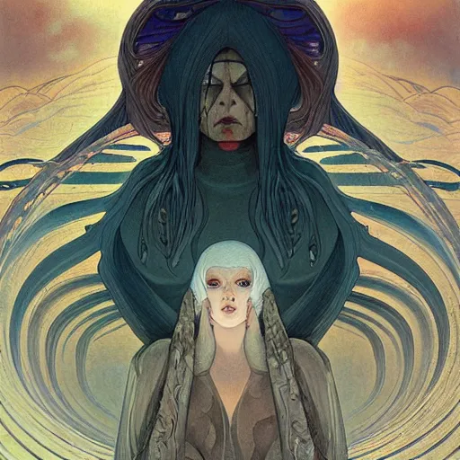 Image similar to portrait of small, rubbery, huge-eyed, big-lipped albino mutant priestess with elaborate white hair; Dune concept art by Anato Finnstark, Alphonse Mucha, Beksinski, and Studio Ghibli