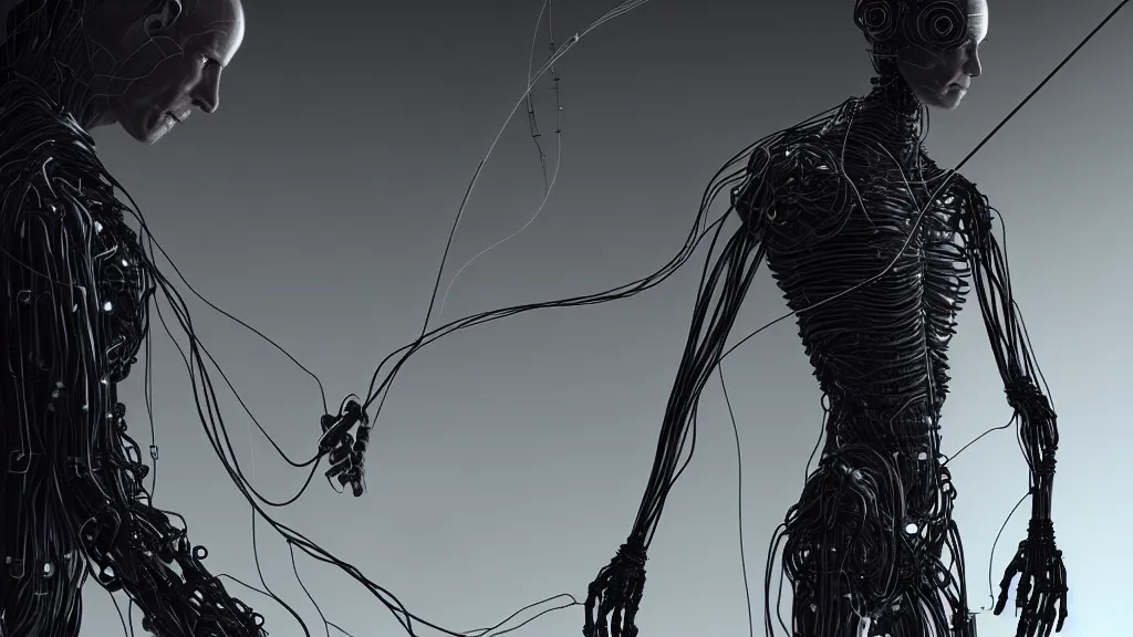 Image similar to a realistic human android character with long needle fingers and cables connecting to him, dark industrial background, featured on artstation, cinematic, elegant, intricate