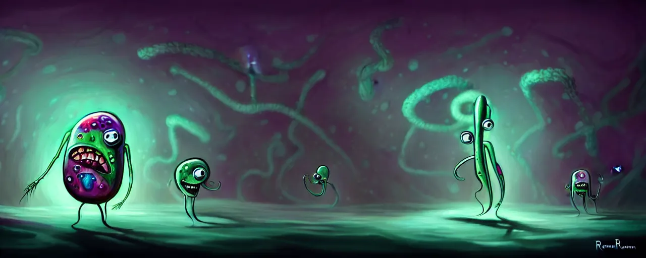Image similar to wild whimsical plankton mutants from the depths of a wasteland deep in the imaginal realm, dramatic lighting, surreal fleischer cartoon characters, shallow dof, surreal painting by ronny khalil
